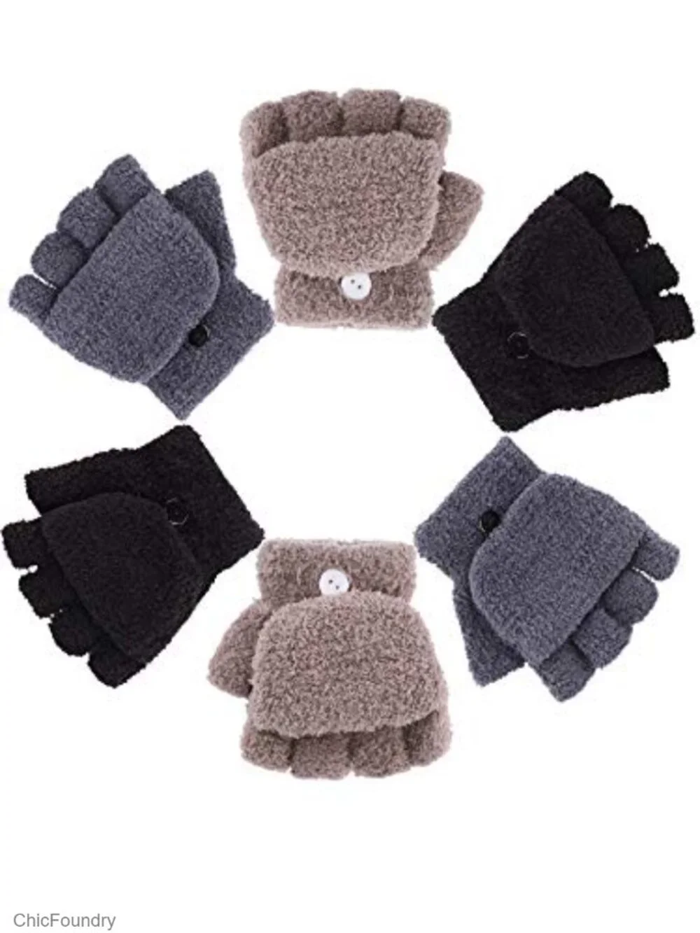3 Pack Kids Fingerless Convertible Gloves Flip Top Mittens Winter Soft Knit